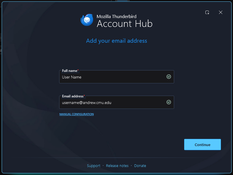 Thunderbird login screen showing fields for Full Name and Email address.