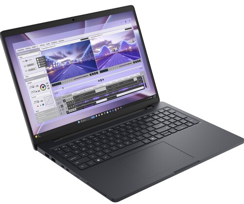 Side-facing picture of dell 16 pro max laptop with screen open.